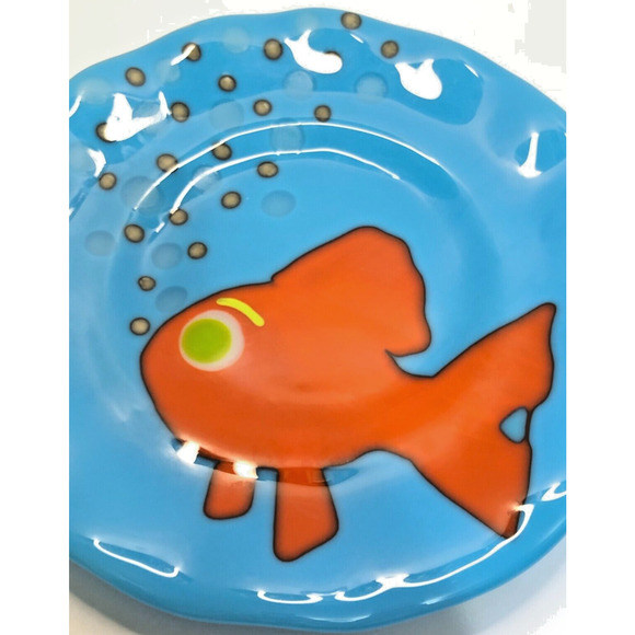 Fused Art Glass Fish Plate Fun Colorful Blue Orange Bubbles 9" Round Wall Decor - Picture 2 of 3